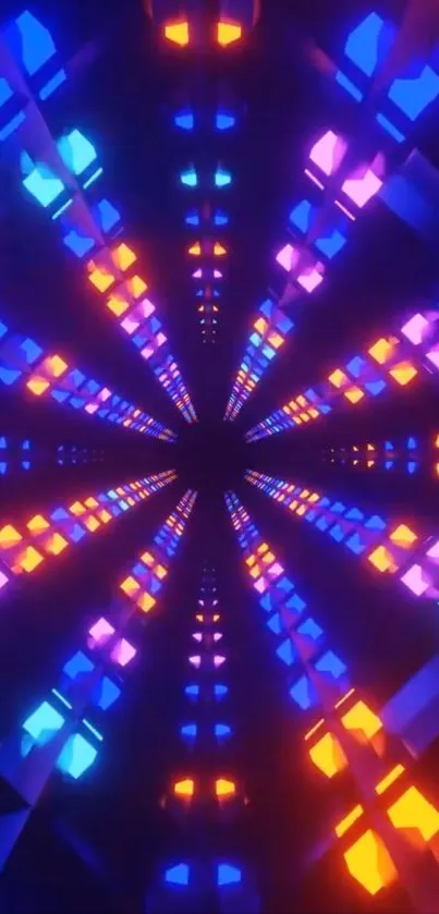 Vibrant neon tunnel with purple and orange hues.
