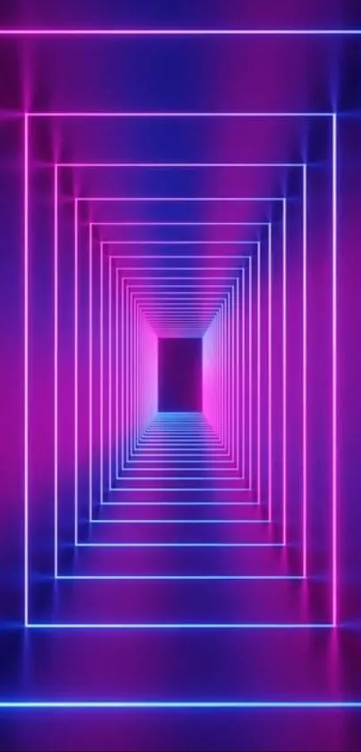 Vibrant neon tunnel with geometric design in purple and blue hues.