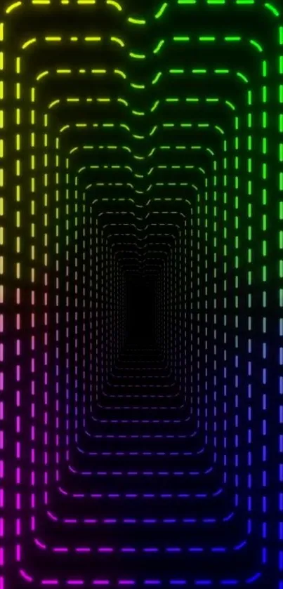 Vibrant neon tunnel wallpaper with rainbow colors and futuristic design.