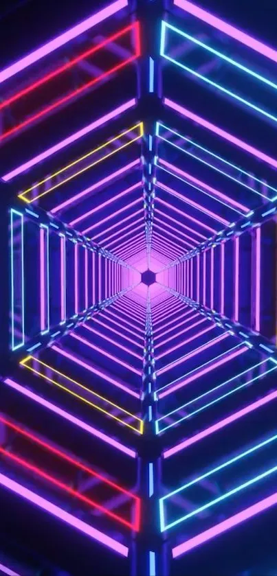 Vibrant neon tunnel wallpaper with geometric design.