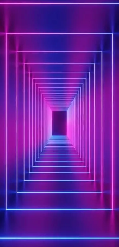 Neon tunnel with pink and purple glowing lines creating a vibrant geometric pattern.