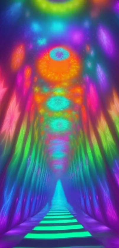 Vibrant neon tunnel mobile wallpaper with colorful digital patterns.