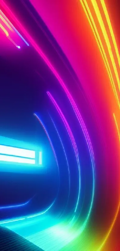 Vibrant neon wallpaper with dynamic light streaks in tunnel design.