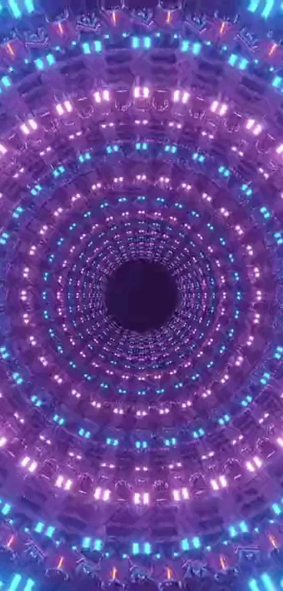 Vibrant neon tunnel wallpaper with purple and blue concentric circles.