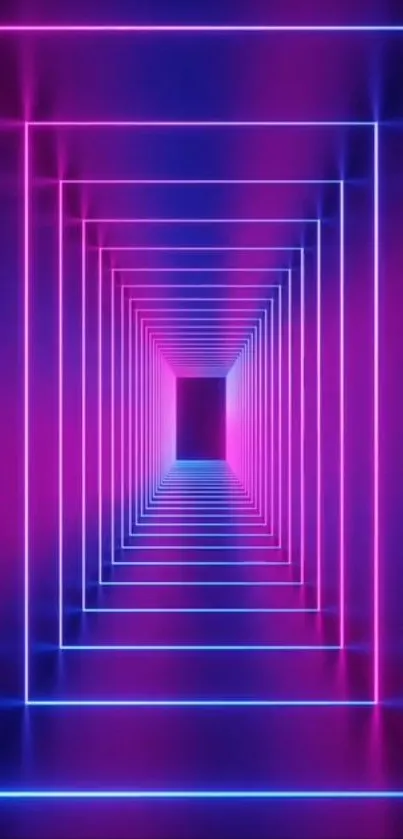 Vibrant neon tunnel with purple and blue hues in abstract design.