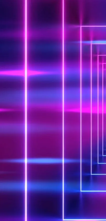 Purple, pink, and blue neon tunnel with light streaks creating a futuristic look.