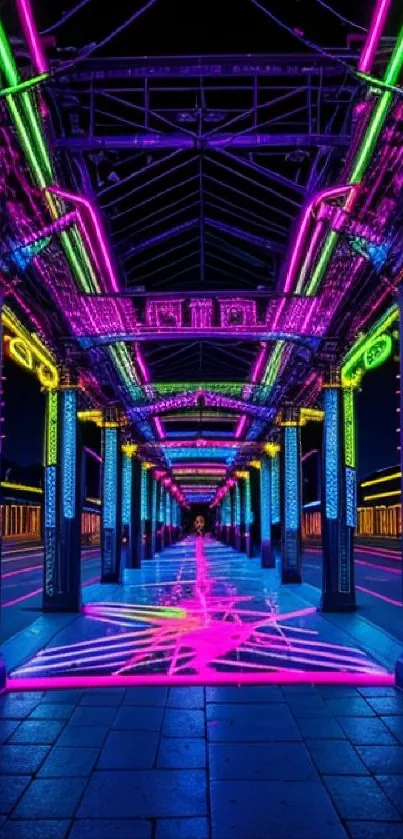 Neon tunnel with vibrant pink and blue lights, perfect for phone wallpaper.