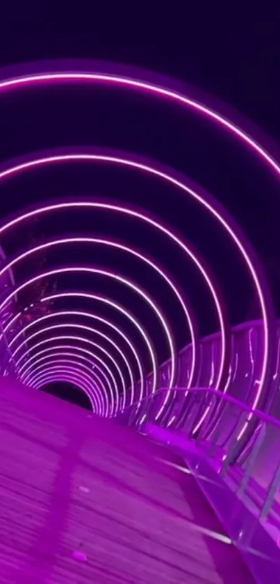 Vibrant neon purple tunnel with glowing lines and modern design.