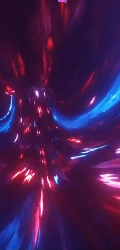 Vibrant neon tunnel with red and blue lights creating a dynamic effect.