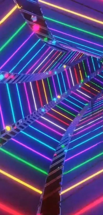 Colorful neon tunnel with futuristic lights.