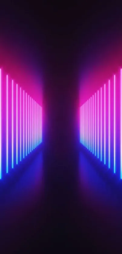 Neon tunnel design with pink and blue lights.