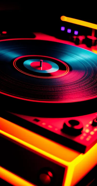 Vibrant neon turntable glowing with colorful light.