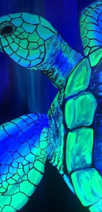 Vibrant neon turtle art on a blue background.