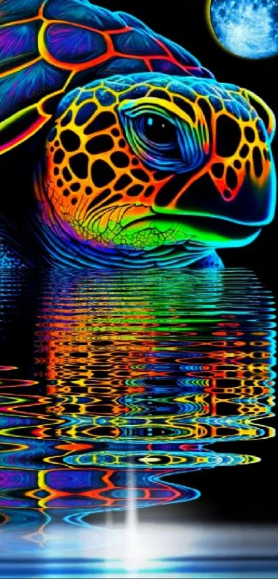 Neon rainbow-colored turtle reflecting on water under a night sky.