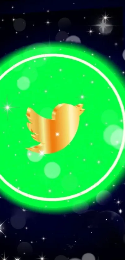 Vibrant neon Twitter wallpaper with green glow and golden bird icon.