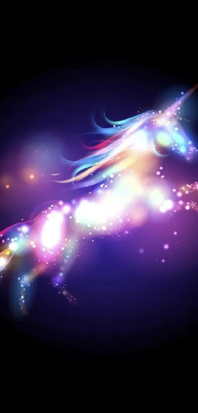 Vibrant neon unicorn glowing in the dark, fantasy art mobile wallpaper.