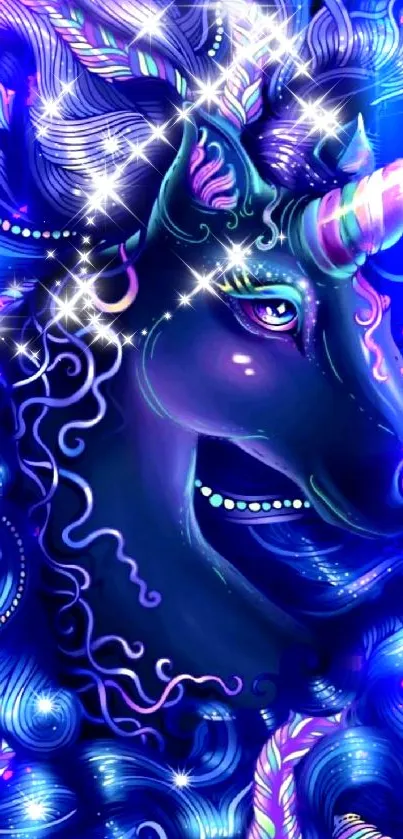 Vibrant neon unicorn with flowing mane.