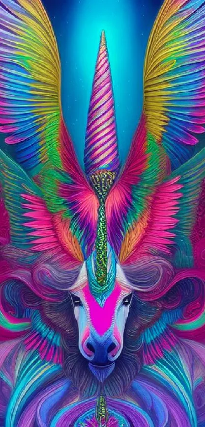 Vibrant neon unicorn in psychedelic colors with intricate details and rainbow hues.