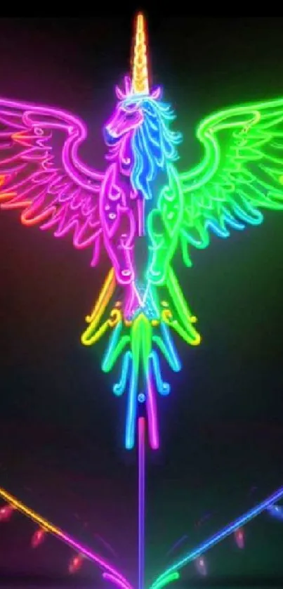 Neon unicorn with vibrant rainbow colors and wings glowing brightly.