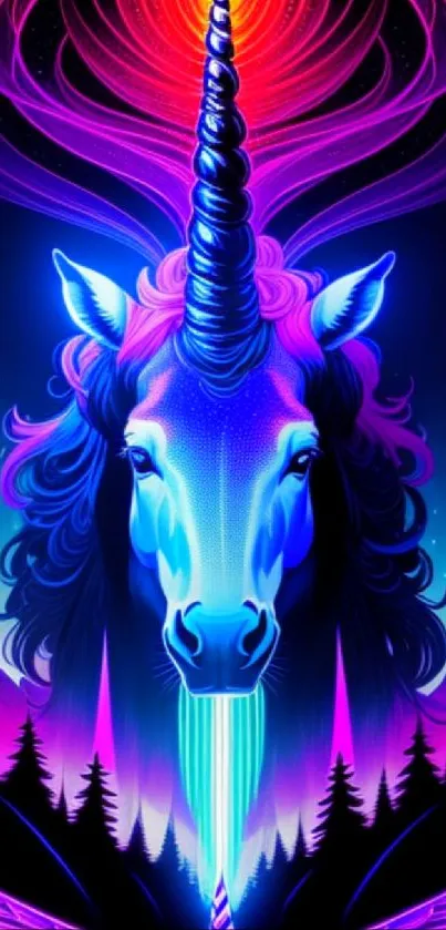 Vibrant neon unicorn artwork with glowing blue and purple hues.