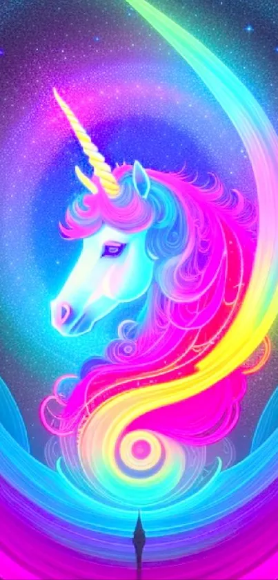 Vibrant neon unicorn set in a colorful galaxy background, perfect for a mobile wallpaper.