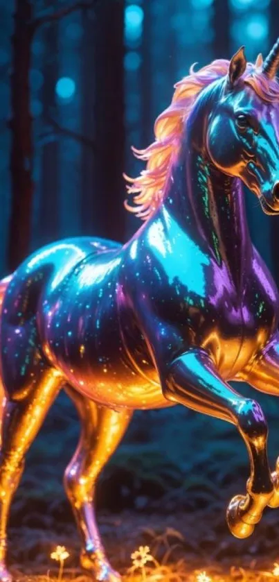 Colorful neon unicorn in a forest setting