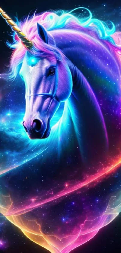 Vibrant neon unicorn with galaxy background.