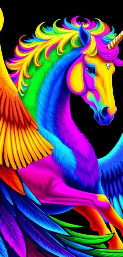 Bright neon unicorn with colorful wings.