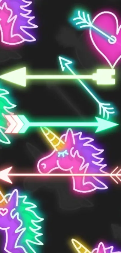 Colorful neon unicorn and heart arrows wallpaper.