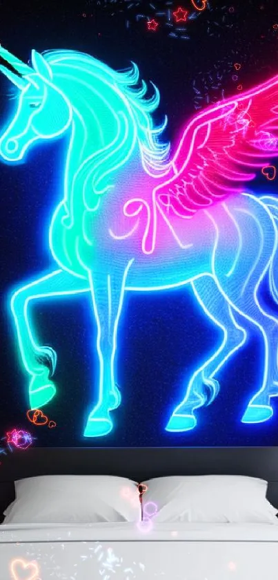 Neon unicorn with wings on a dark background.