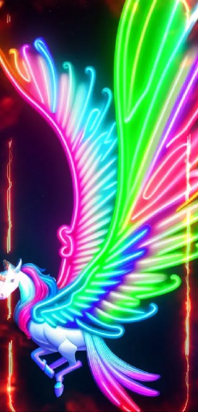 Vibrant neon unicorn with colorful wings against a dark background.