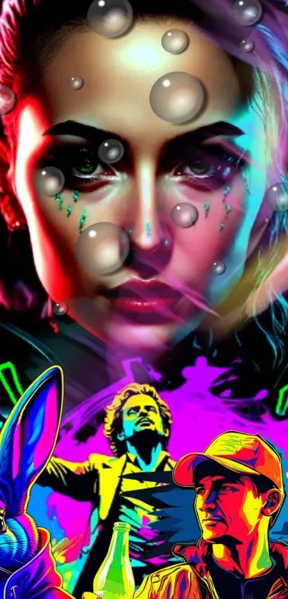 Vibrant neon urban artwork with digital characters and bold colors.