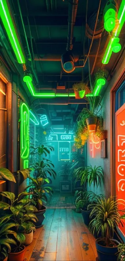 Neon-lit urban alley with lush plants and vibrant green glow.