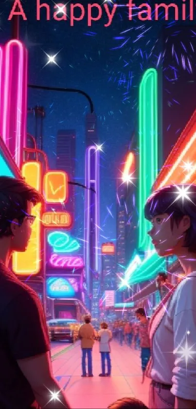 Family walking in neon-lit city street wallpaper.