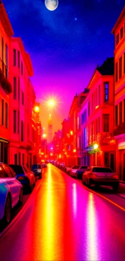 Neon-lit urban street with colorful reflections under a night sky.