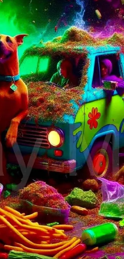 Colorful cartoon van with dog and food in a vibrant scene.