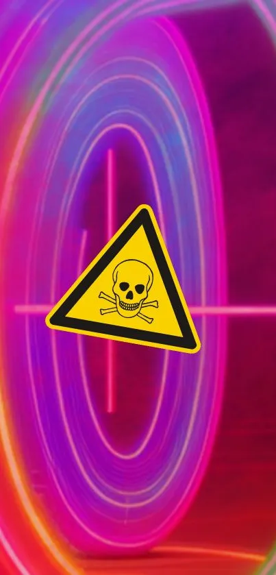 Vibrant neon wallpaper with skull caution sign.