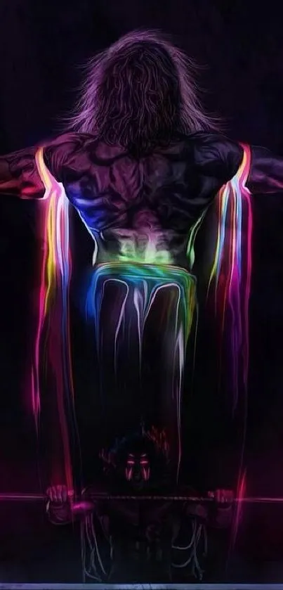 Neon warrior artwork with vibrant colors and dynamic design on a dark background.