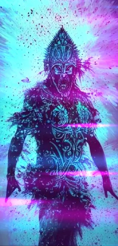 Neon warrior artwork with vibrant colors and abstract design.