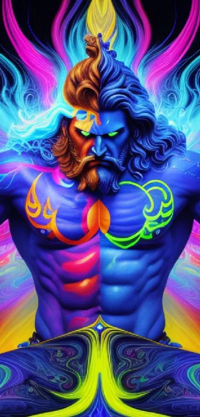 Neon warrior surrounded by vibrant swirling colors on a phone wallpaper.