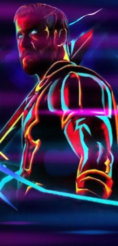 Neon-lit warrior artwork with vibrant colors.