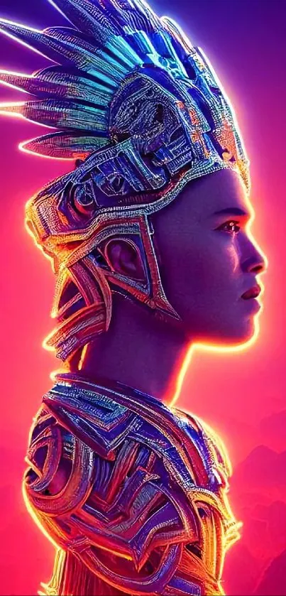 Neon warrior in a futuristic headdress on a vibrant background.