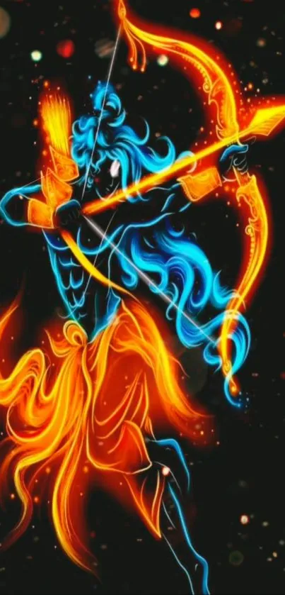 Vibrant neon warrior archer with bow and arrow in orange and blue hues.