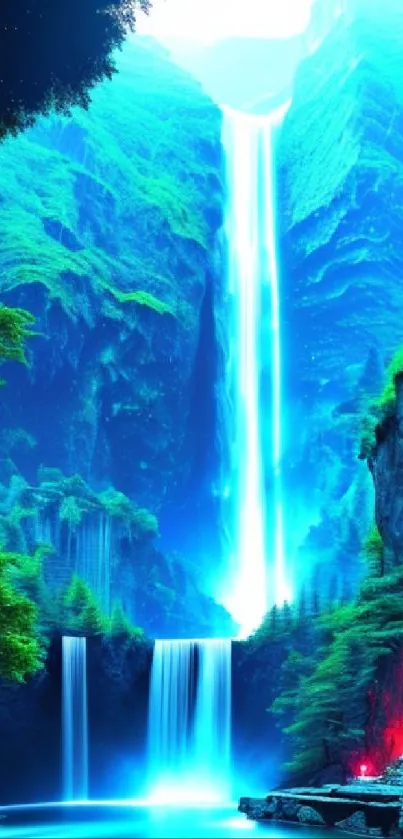 Vibrant neon waterfall in a fantasy landscape.
