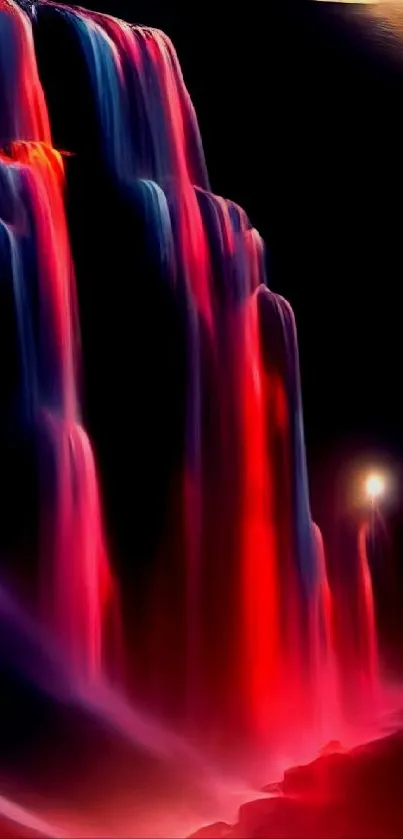 Neon waterfall mobile wallpaper with vibrant red hues and artistic design.