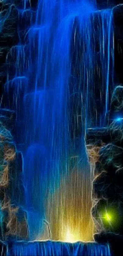 Neon waterfall with vibrant blue tones and glowing yellow accents.