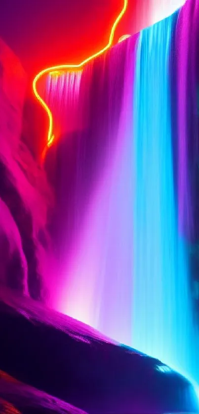 Vibrant neon waterfall with electric blue and pink hues as phone wallpaper.