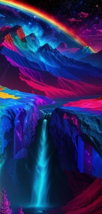 Vibrant neon waterfall with colorful landscapes and a celestial sky.