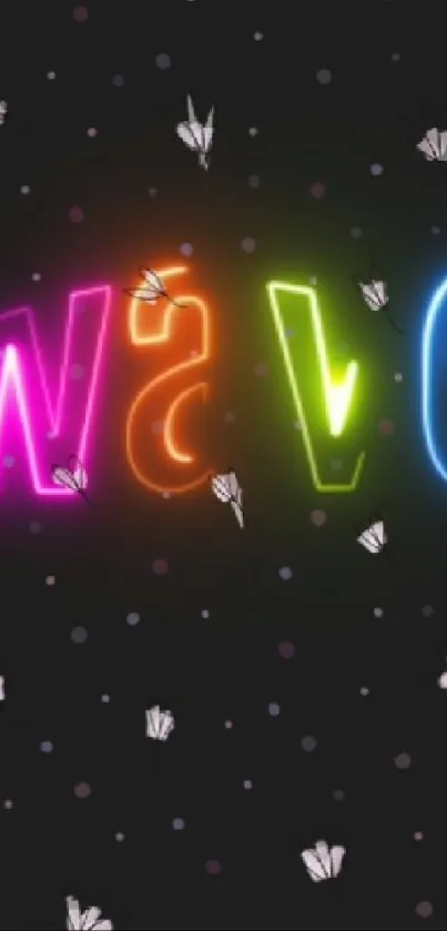 Vibrant neon wave wallpaper with glowing text and butterflies on black background.