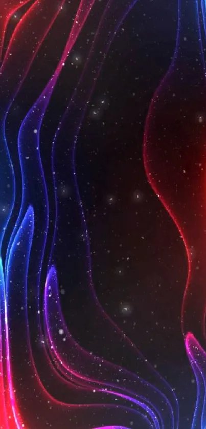 Vibrant neon wave wallpaper with red and blue glowing lines.